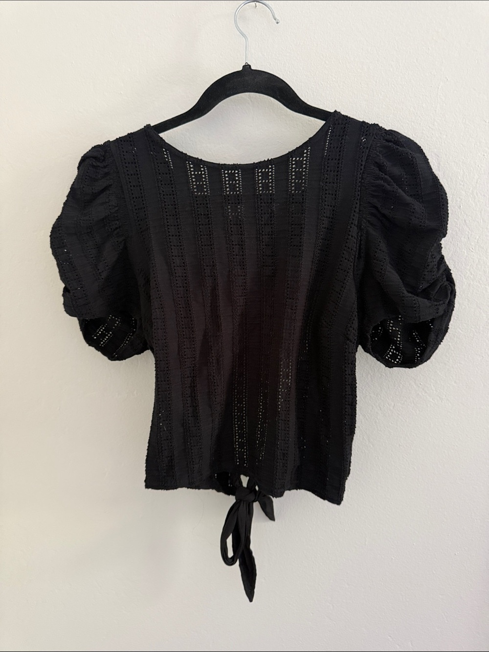 Free People Black Eyelet Puff-Sleeve Tie Blouse